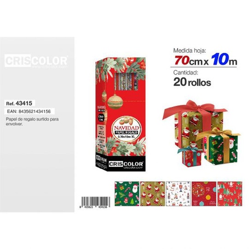 [43415] PAPEL REGALO 70CMX10M SURTIDO NAVIDAD XL (Caja 20 Und).